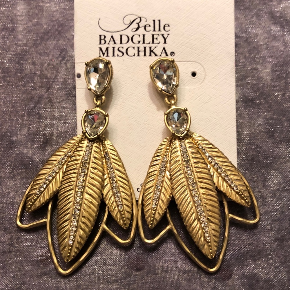 Badgley Mischka Gold Feathers Crystal Drop Earrings
